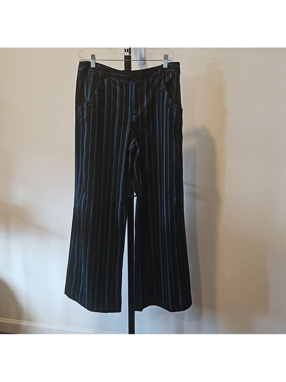 METROSTYLE WOMEN'S BLACK WITH TURQUOISE STRIPED FLARED CUFFED PANTS SIZE 12